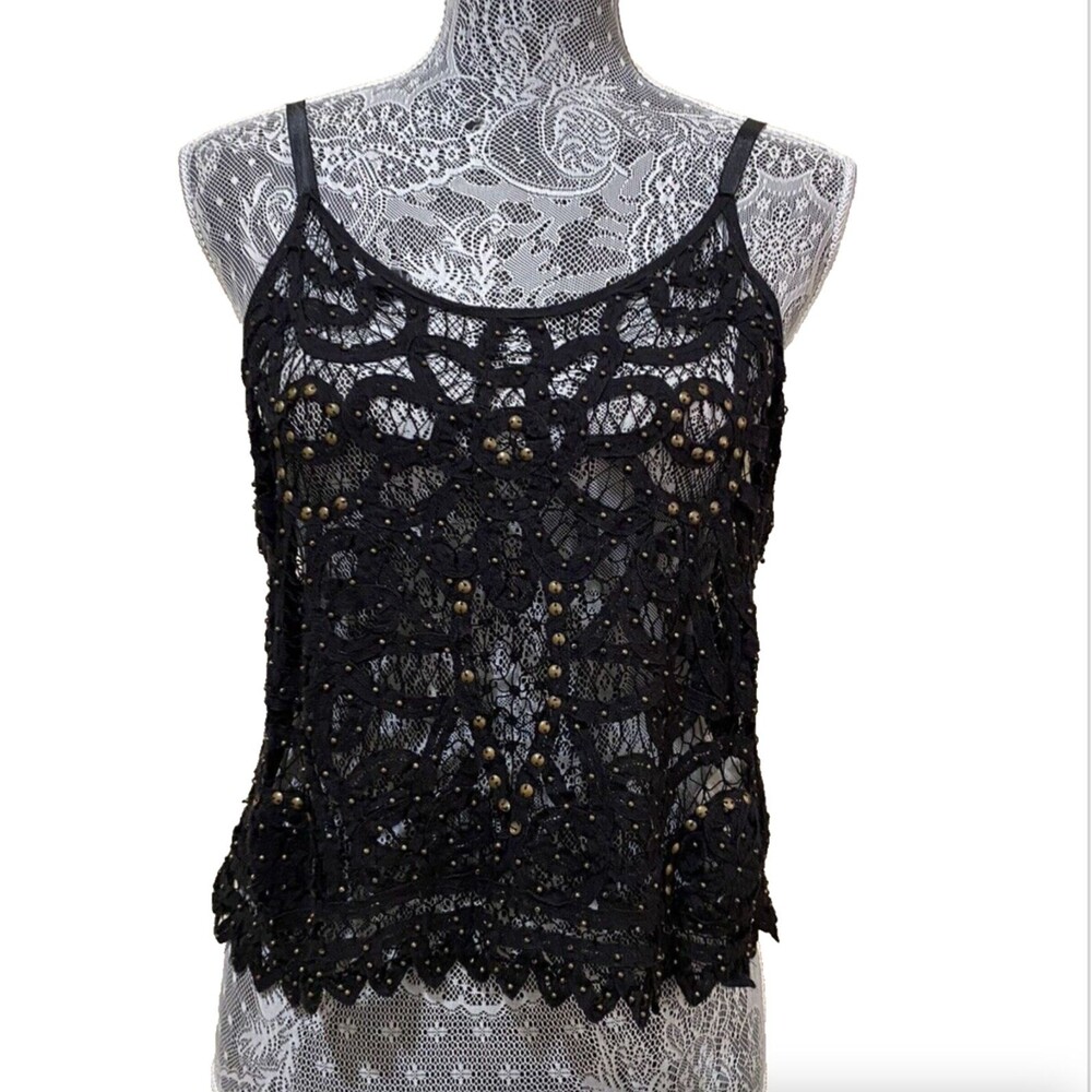 Free People Intimately Black Crochet Lace Cami Studded Tank Top Boho Festival S - Picture 9 of 15